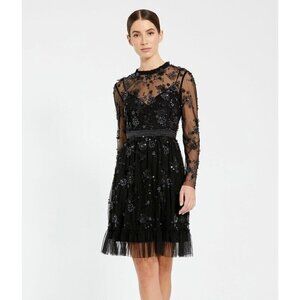 Mac Duggal Size 2 Black 9140 Sequin Beaded Long Sleeve Cocktail Party Dress New